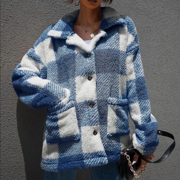 Gingham plaid button down teddy coat - Picture 6 of 7